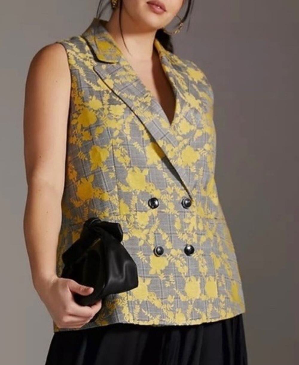 Hutch Longline Vest Top Women 1X Gray Yellow Floral Double Breasted Contemporary